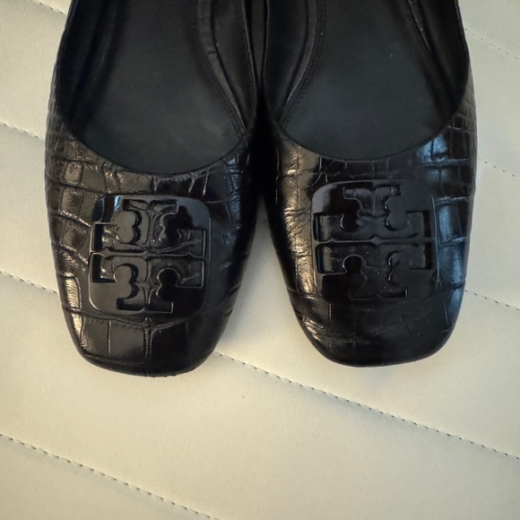 Tory Burch black croc square toed flats - Picture 2 of 5